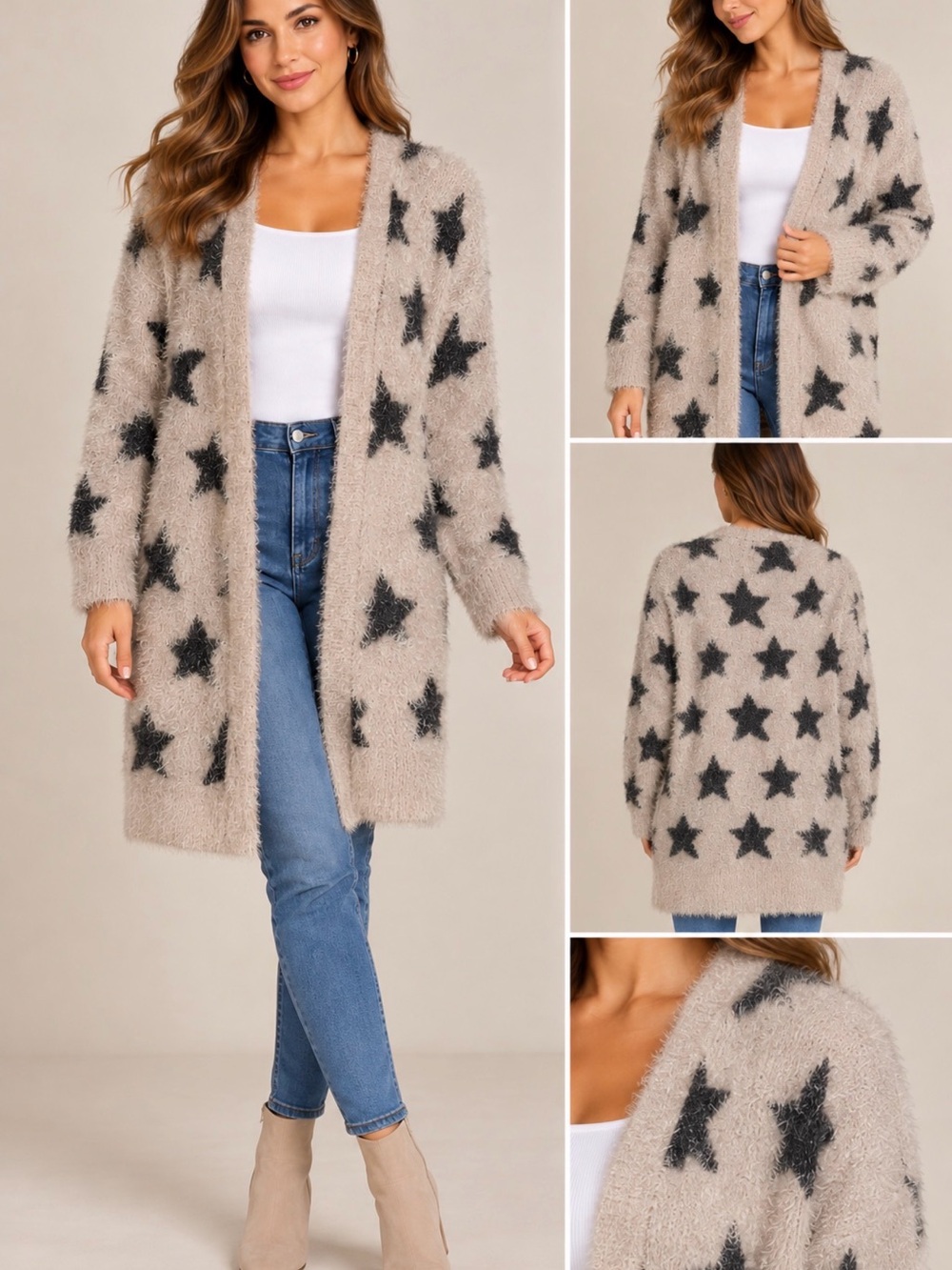 American Eagle Fuzzy Star Print Cardigan Gray Black L/XL